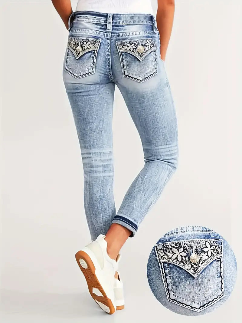 Damskie jeansy skinny z wysokim stanem i haftem