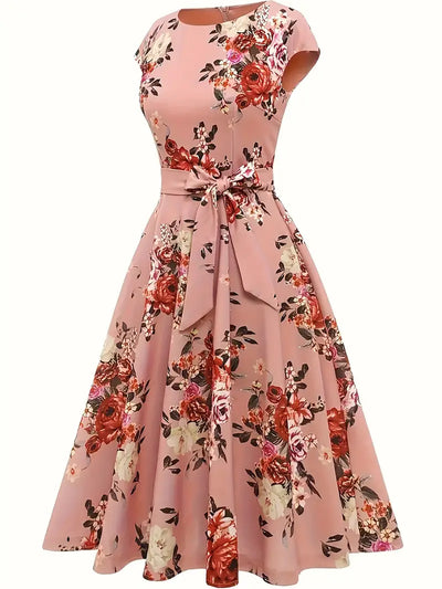 Letnia sukienka bez rękawów - elegancka sukienka w kwiaty z lekkiego materiału i dopasowany krój