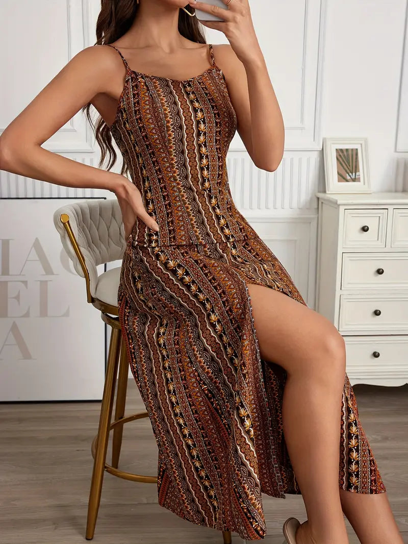 Bohemian Print Maxi Dress - sukienka bez pleców, zwiewna i przewiewna, idealna na lato i wakacje