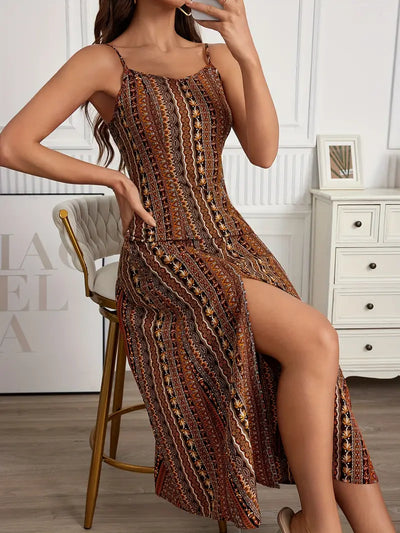 Bohemian Print Maxi Dress - sukienka bez pleców, zwiewna i przewiewna, idealna na lato i wakacje