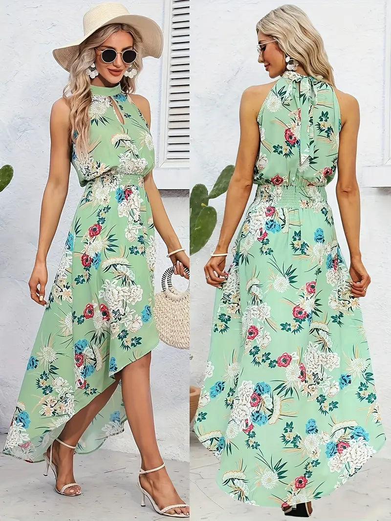 Sukienka plażowa boho - kwiatowy nadruk, dekolt półokrągły, długie rękawy, asymetryczny dół, poliester