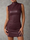 Letnia mini sukienka Bodycon z wysokim dekoltem - bez rękawów, z marszczeniami, elegancka i z paskiem na wieczór, imprezę lub na co dzień