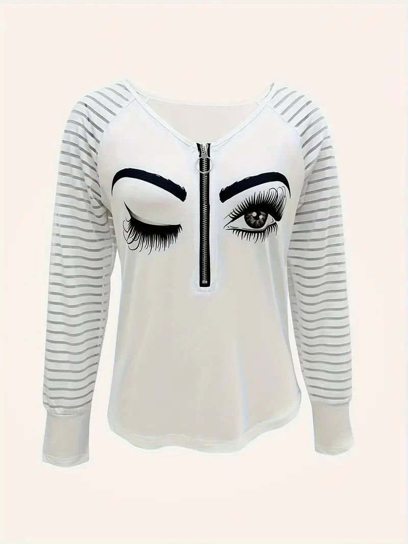 Wink Print Half Zip V-Neck T-Shirt