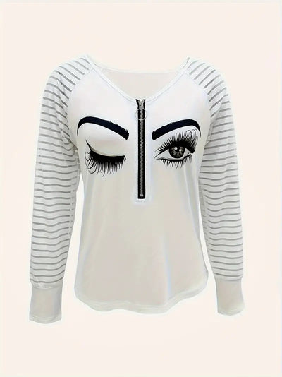 Wink Print Half Zip V-Neck T-Shirt