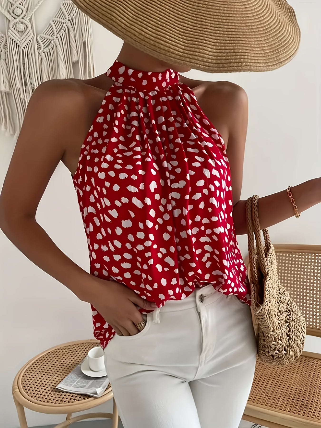 Top damski Halterneck Polka Dot - lekka mieszanka lnu, oddychająca, całoroczna, 100% poliester