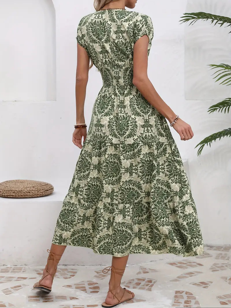 Casualowa sukienka maxi z nadrukiem - krótki rękaw V-Neck Army Green