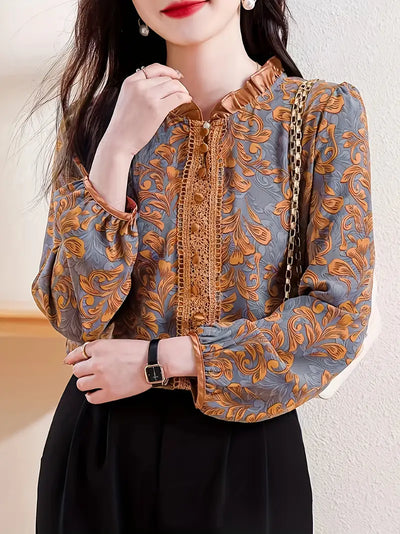 Bluzka damska ze stójką - Elegancka bluzka z długim rękawem w kwiatowy wzór w kolorze złotym