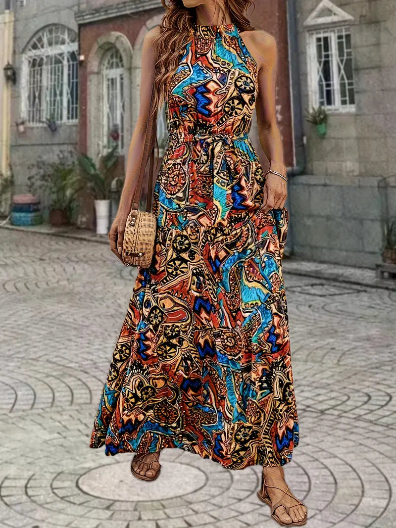 Boho Maxi Dress Brown Letnia sukienka bez rękawów z paskiem