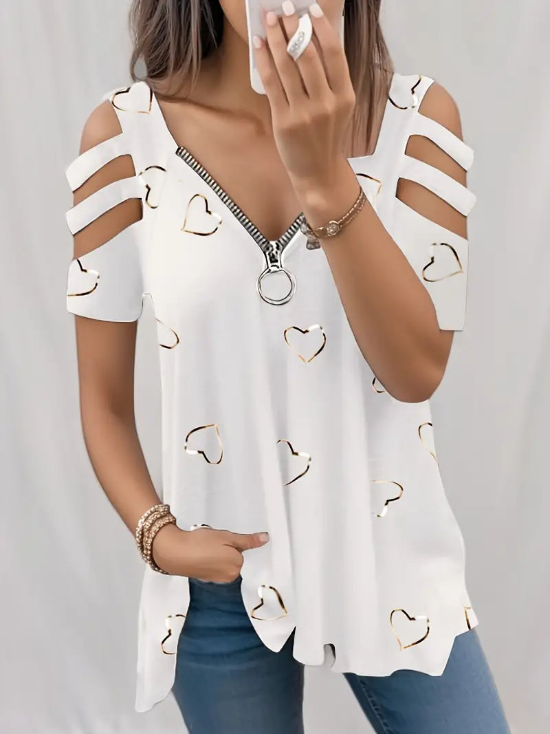 Lorne - Casualowe topy z wyciętym nadrukiem serca T-shirt z dekoltem w szpic