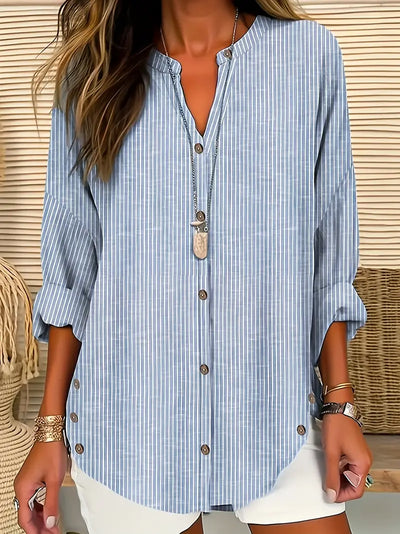 Casualowa koszula w paski z długim rękawem V-neck z mieszanki bawełny