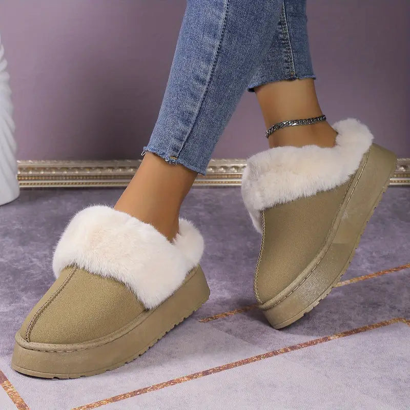 Puszyste buty zimowe dla kobiet - wsuwane, gruba podeszwa, okrągłe palce
