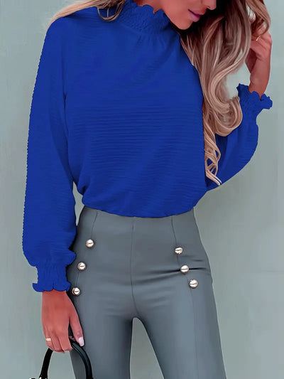 Elegancka bluzka w kolorze królewskiego błękitu ze stójką i długim rękawem
