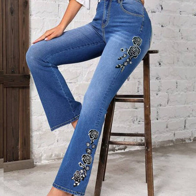 Haftowane dżinsy z szerokimi nogawkami w stylu retro bluebell