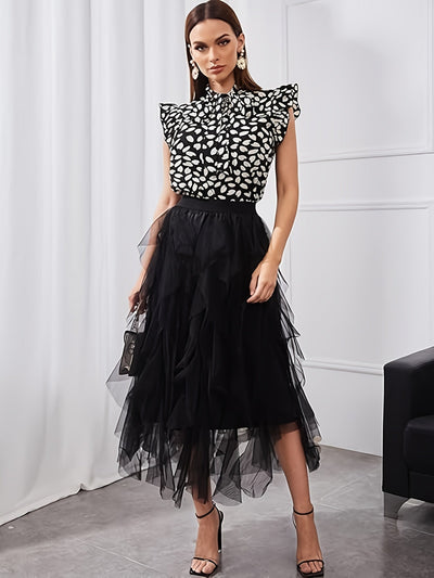 Lniana bluzka damska - Elegancka, lekka, długi rękaw, falbanki i wiązanie