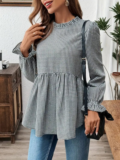Bluzka Gingham - marszczony kołnierzyk, długie rękawy, wzór peplum