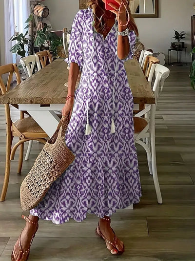 Charm - Ikat Dream Boho Sukienka z falbaną i dekoltem w szpic, w eleganckim stylu