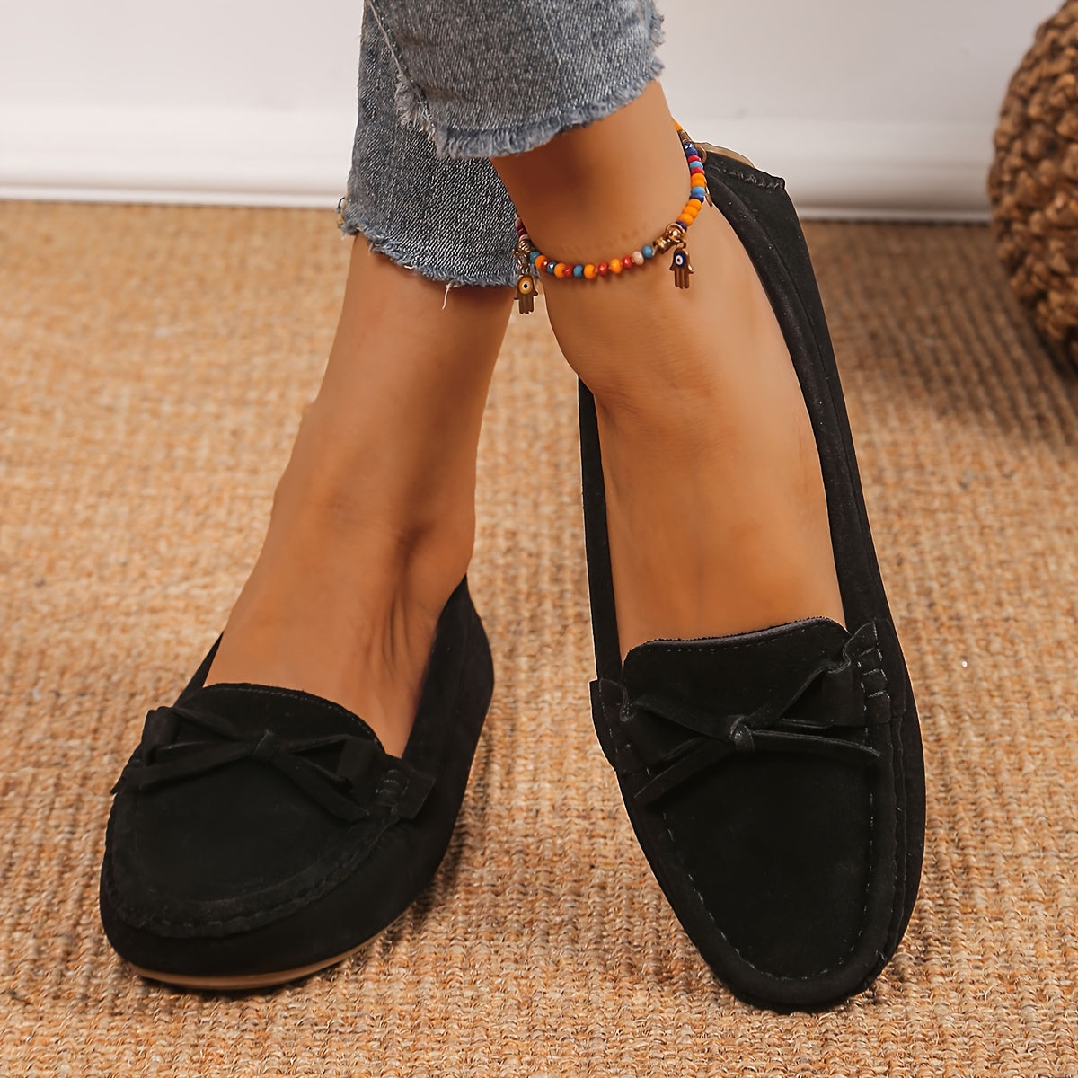 Retro loafersy z kokardą, buty wsuwane z okrągłym noskiem