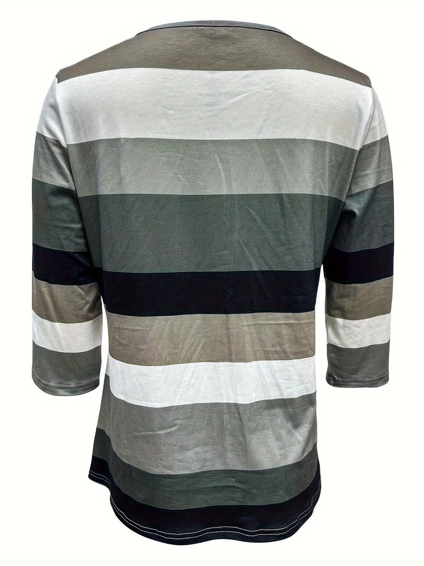 Letnia lniana koszula damska – casualowy T-shirt w paski z rękawami trzy czwarte