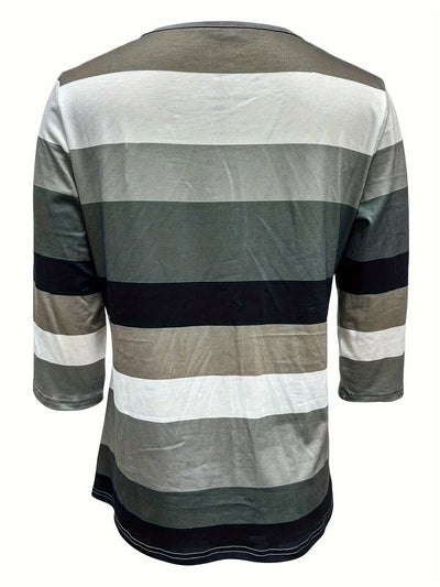 Letnia lniana koszula damska – casualowy T-shirt w paski z rękawami trzy czwarte