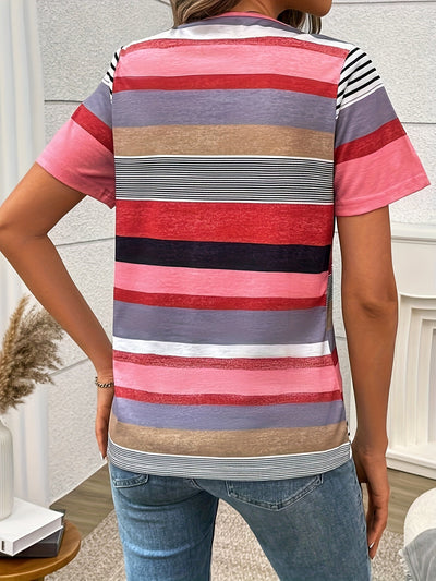 Lniany T-Shirt damski – koszula w paski z blokami kolorów, zapinana na zamek i okrągły dekolt