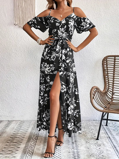 Kwiatowa sukienka maxi na ramiączkach - Elegancka letnia sukienka z paskami