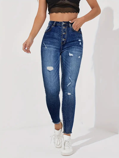 Damskie jeansy skinny z rozciągniętym paskiem i pojedynczym zapięciem