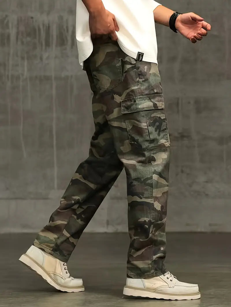 Zimowe spodnie cargo - vintage camo, bawełna, luźny krój