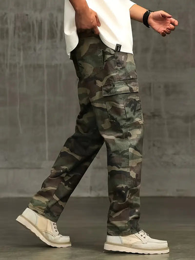 Zimowe spodnie cargo - vintage camo, bawełna, luźny krój