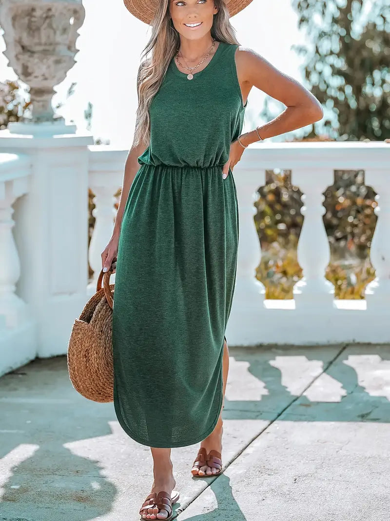 Elegancka sukienka maxi bez rękawów z wysokim rozcięciem - letnia sukienka bodycon z dekoltem w szpic dla kobiet - swobodna i odświętna