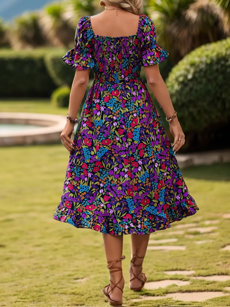Bohemian Off-Shoulder Maxi Dress - kwiatowy nadruk, długie rękawy i kołysanie na lato, imprezę i wakacje