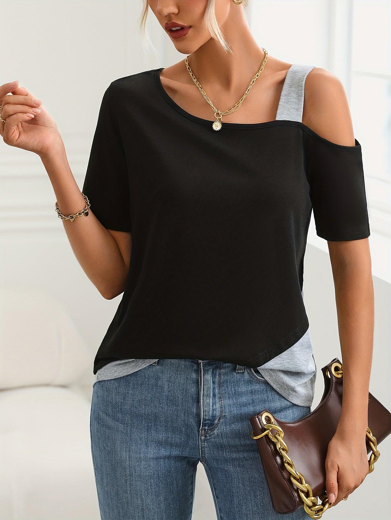 T-shirt damski na lato, wygodny, casualowy top wykonany z poliestru