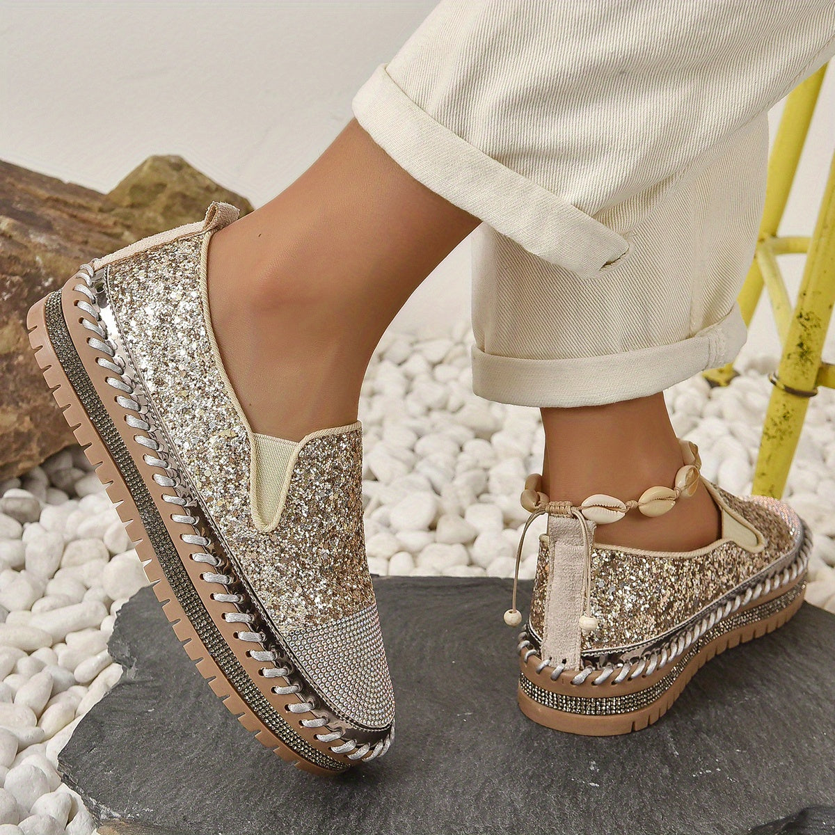 Kryształowe loafersy damskie, obcas 3 cm, wygodne buty na platformie