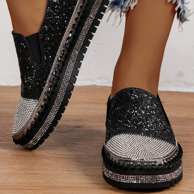 Kryształowe loafersy damskie, obcas 3 cm, wygodne buty na platformie