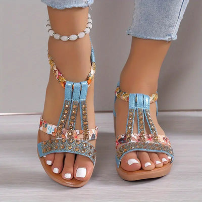 Nille - Boho Glam Plecione sandały na koturnie ze strasami