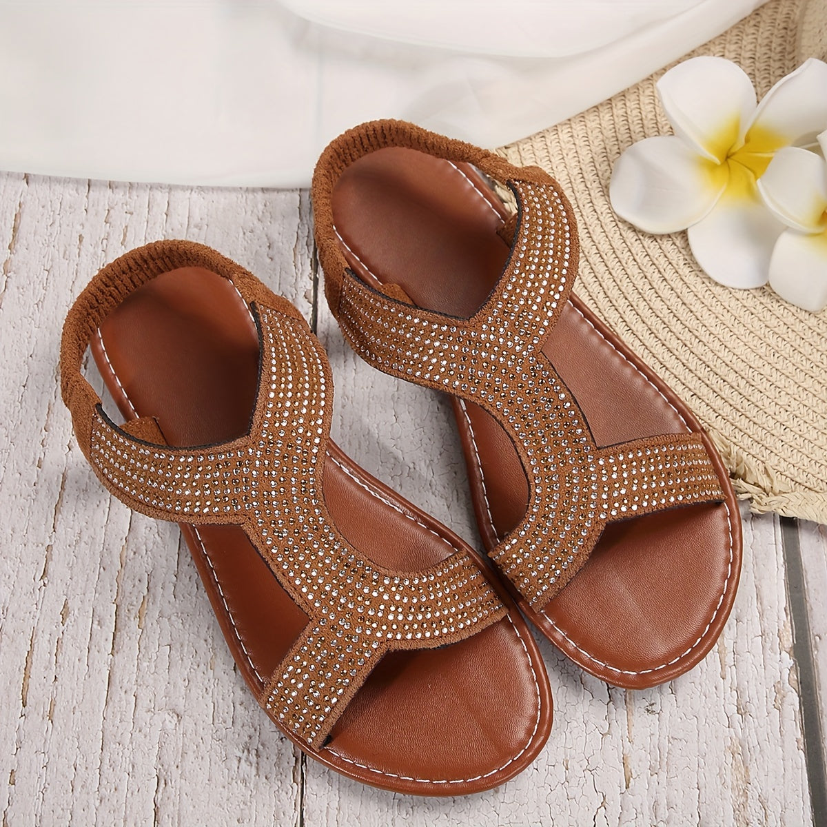 Letnie płaskie buty z kryształowym zdobieniem, oddychające buty wsuwane