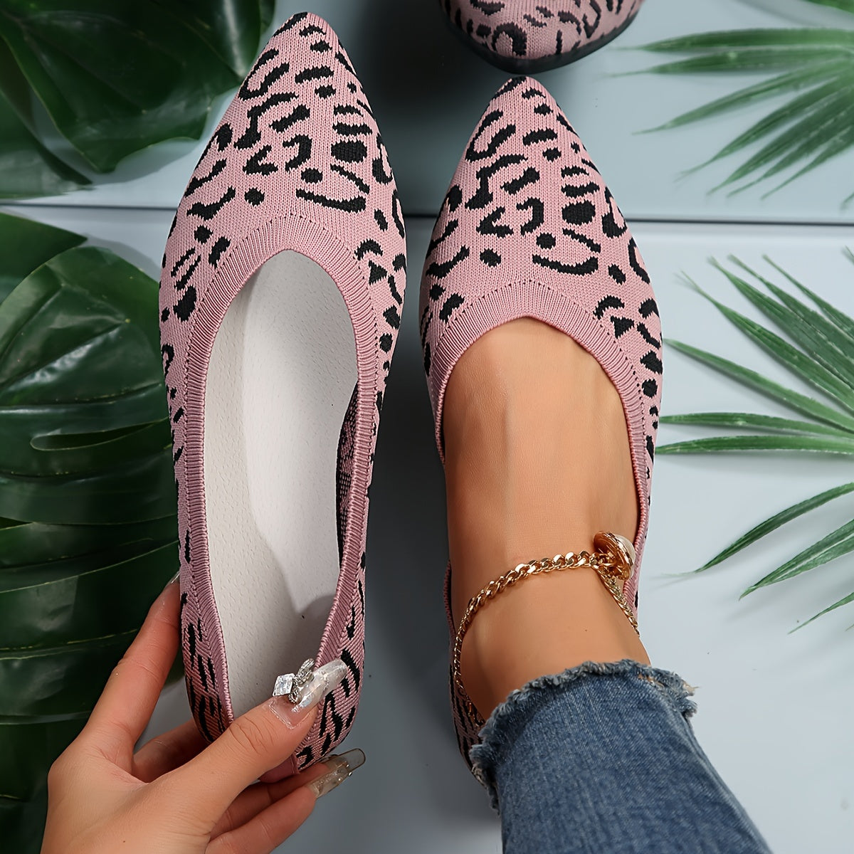 Ladies Leopard Ballerinas-Punkt Poślizg-on Light Ramin