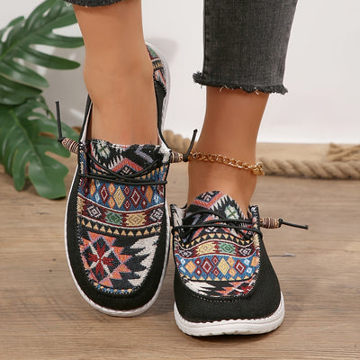 Letnie loafersy damskie - Lekkie płócienne loafersy w stylu etno