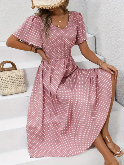 Sukienka midi Polkadot z dekoltem w szpic i marszczonymi rękawami Summer Look