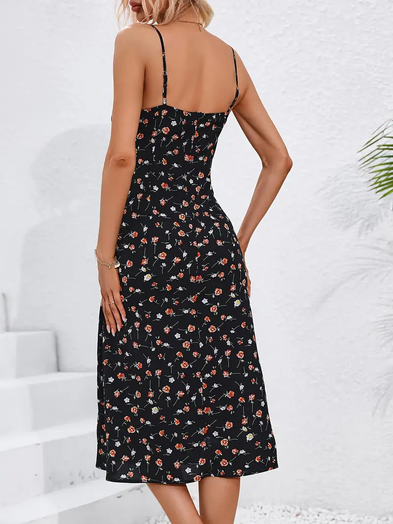 Czarna letnia sukienka maxi z eleganckim rozcięciem i ramiączkami spaghetti