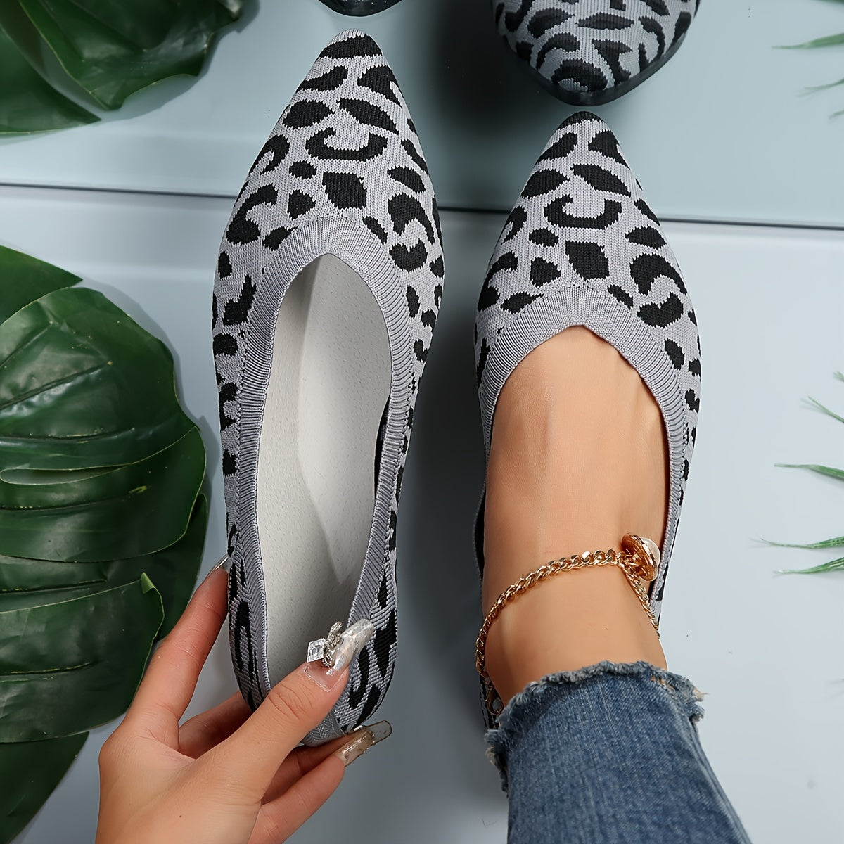 Ladies Leopard Ballerinas-Punkt Poślizg-on Light Ramin