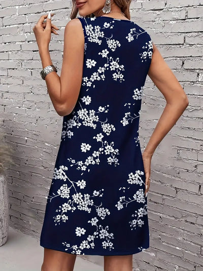Granatowa sukienka w kwiaty - Letnia sukienka bez rękawów z eleganckim nadrukiem