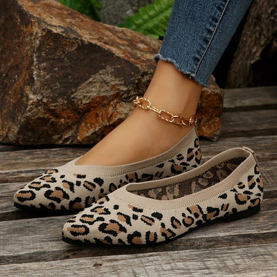 Ladies Leopard Ballerinas-Punkt Poślizg-on Light Ramin