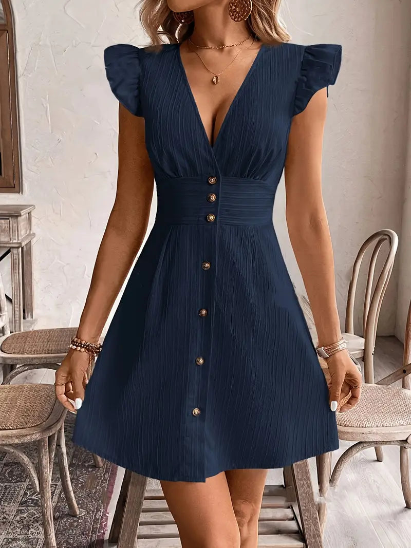 Granatowa letnia sukienka Casual Holiday Dress z marszczonymi rękawami i zapięciem na guziki
