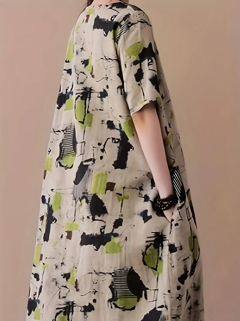 Artystyczna lniana sukienka midi Żywa abstrakcyjna elegancja Swobodne krótkie rękawy
