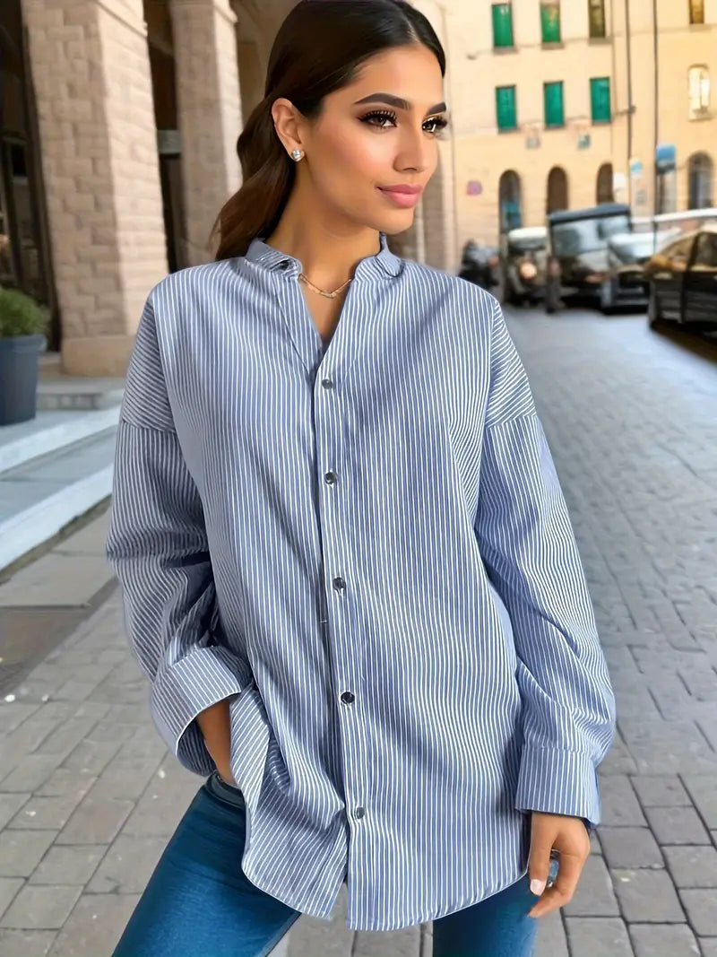 Casualowa koszula w paski z długim rękawem V-neck z mieszanki bawełny