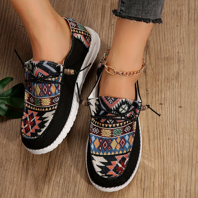 Letnie loafersy damskie - Lekkie płócienne loafersy w stylu etno