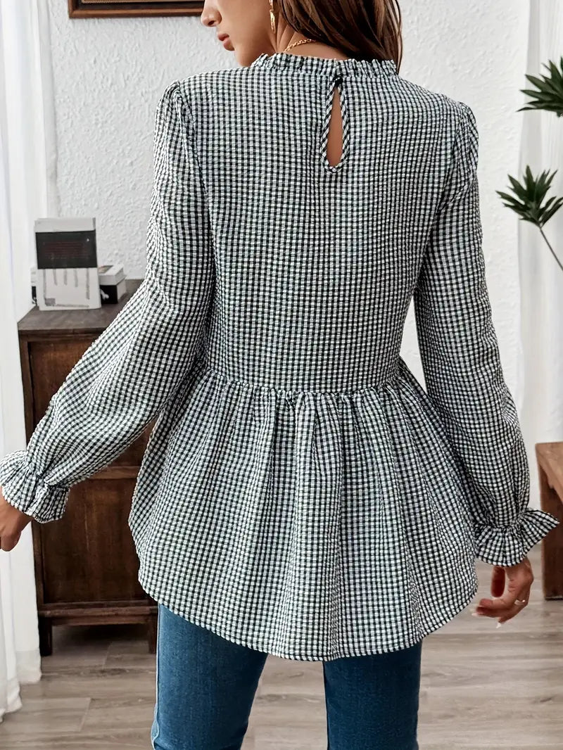Bluzka Gingham - marszczony kołnierzyk, długie rękawy, wzór peplum