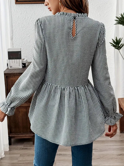 Bluzka Gingham - marszczony kołnierzyk, długie rękawy, wzór peplum