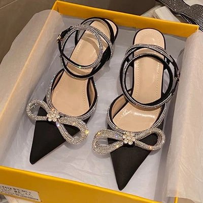 Brokatowe Rhinestone damskie czółenka kryształowa kokardka węzeł jedwabny szpiczasty nosek pasek z klamrą cienkie wysokie obcasy