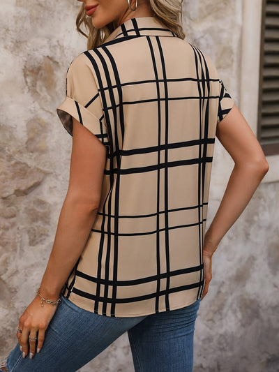 Elegancka bluzka damska w kratkę - krótki rękaw, mieszanka lnu, wiosna/lato